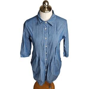 Levi's Pleated Tunic Top Women's Size Medium Chambray Roll Tab Hem 3/4 Sleeve‎